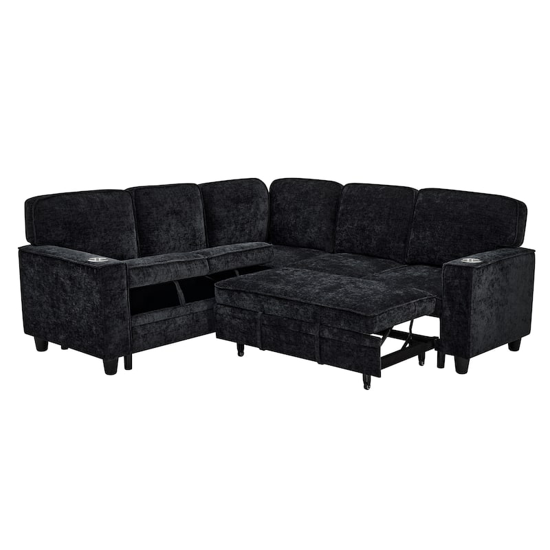 81" Chenille L-Shaped Sofa Bed with USB, 5-Seater