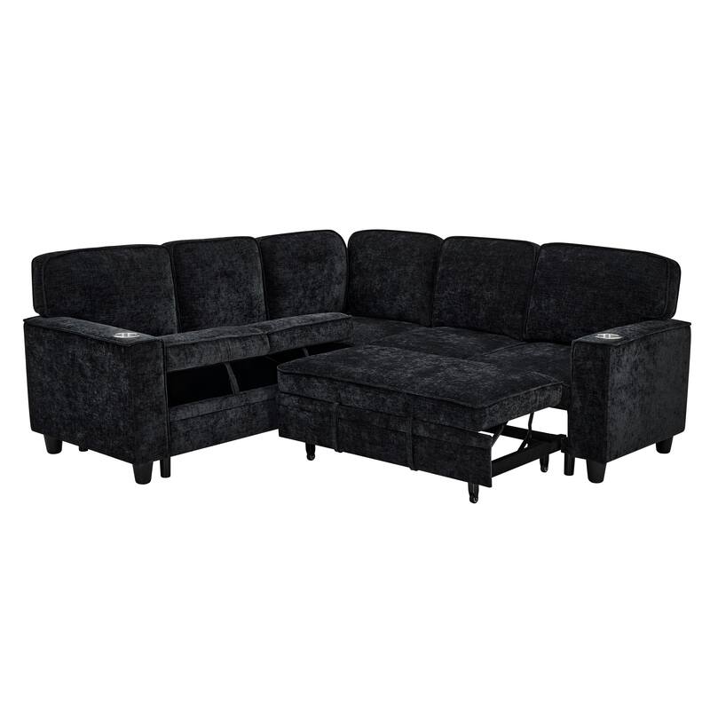 L-Shaped Sectional Sofa with Pull Out Sofa Bed, Convertible Sleeper Sofa Bed with Storage & USB Ports, Large Corner 5 Seat Sofa