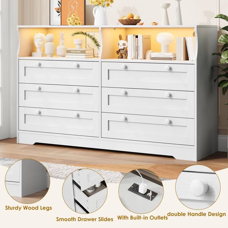 6 Drawer Dresser for Bedroom, 55" Wood Chest of Drawers with Charging Station, LED Lights and 2 Storage Compartments