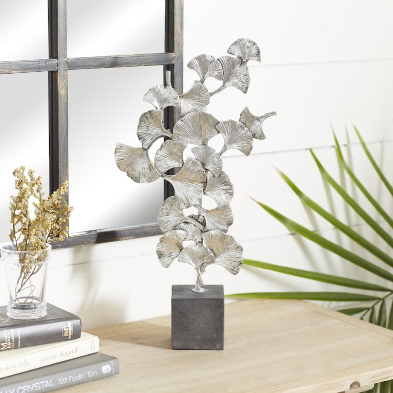 Polystone Floral Decorative Sculpture with Black Block Base - Silver or Gold - Roche River Decor
