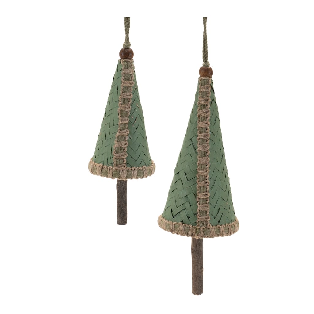 Set of 4 Woven Wicker Pine Tree Ornaments Green and Beige Rustic Farmhouse Christmas Decoration - 3.25”L x 3.25”W x 9.25”H