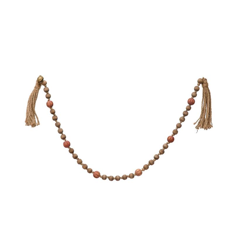 Paulownia Wood Bead Garland with Jingle Bells and Jute Tassels - Multi
