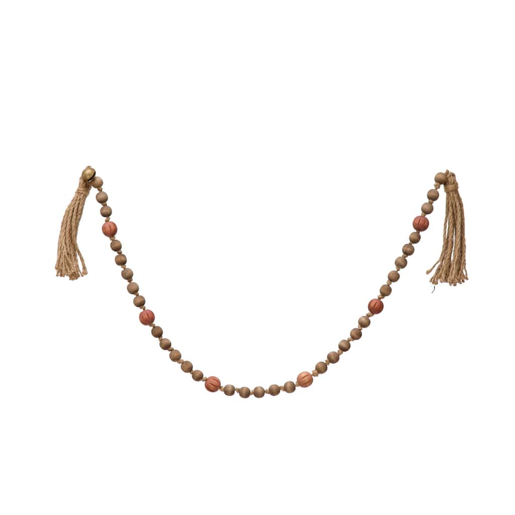 Paulownia Wood Bead Garland with Jingle Bells and Jute Tassels