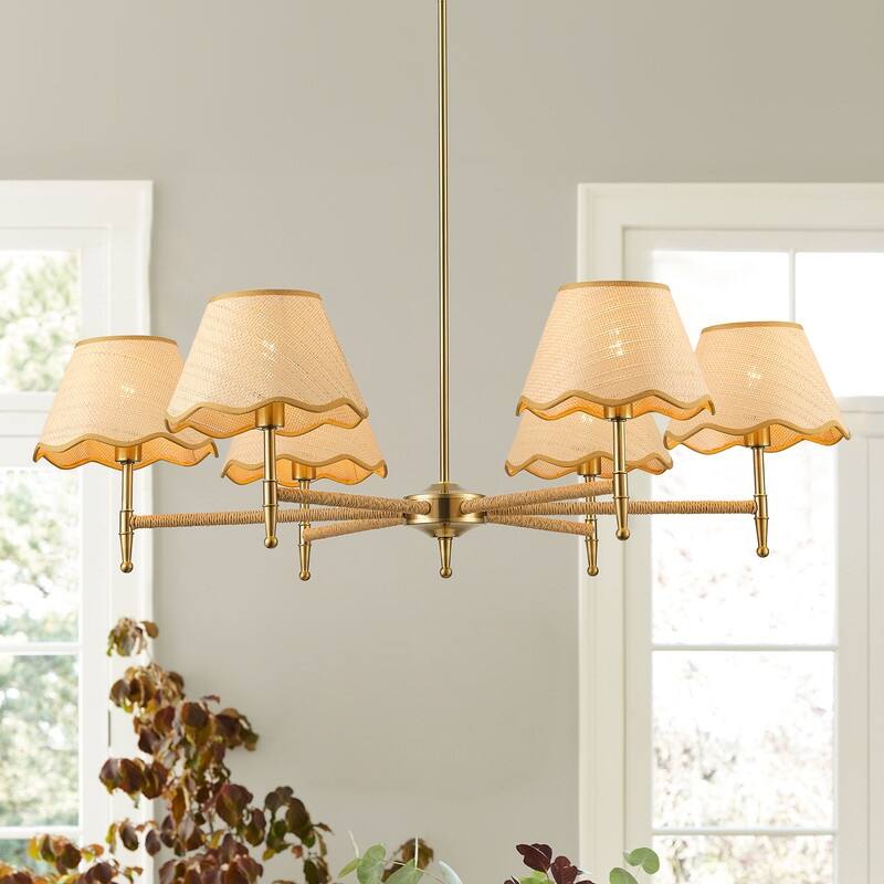 Rustic Brown 6-Light Pendant Light with Woven Shades for Dining Room Kitchen or Entryway