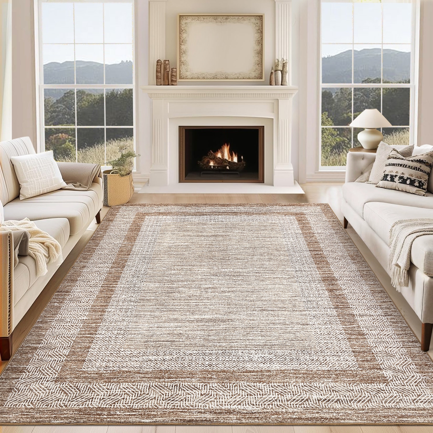Garvee Distressed Geometric Bordered Area Rug
