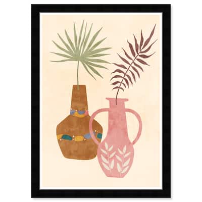 "Minimalist Pots", Boho Pattern Plant Pots Modern & Contemporary Pink Framed Wall Art Print for Dining Room