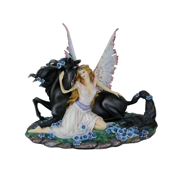 Pink and White Spring Fairy Sitting with Black Horse Statue - 10 X 12.5 X 6.25 inches
