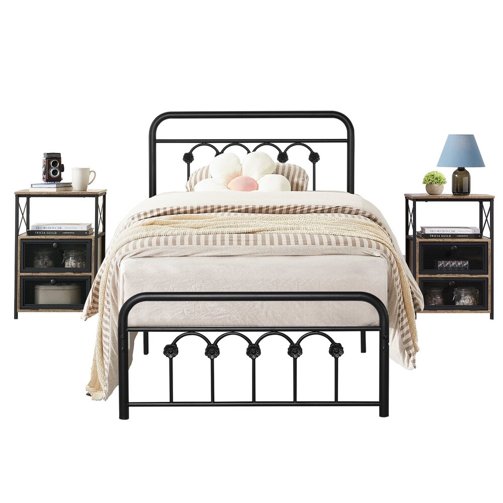 HABITRIO 3-Piece Bedroom Set - Queen Platform Bed With Rattan Headboard, Nightstand & Makeup Vanity With Stool (Walnut)