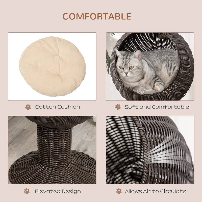 Pawhut Hooded Rattan Wicker Elevated Cat Bed