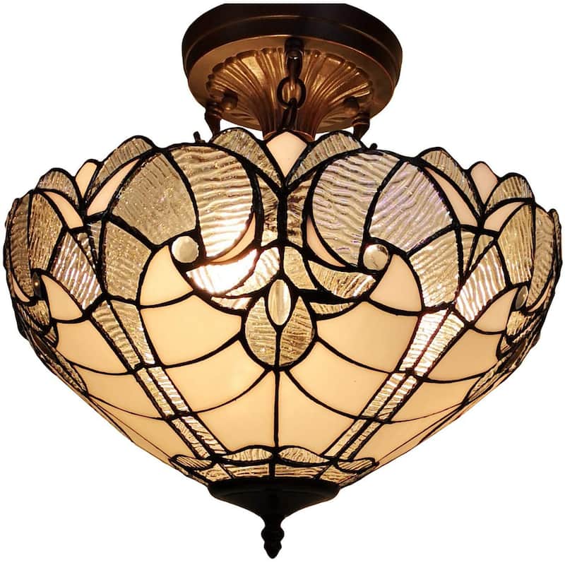 Tiffany Style Ceiling Lamp Fixture Semi Flush 16" Wide White Stained Glass 2 Dining Room Gift AM216HL16B Amora Lighting