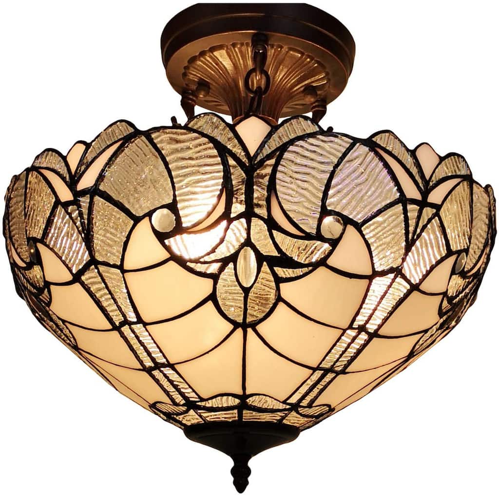 Tiffany Style Ceiling Lamp Fixture Semi Flush 16" Wide White Stained Glass 2 Dining Room Gift AM216HL16B Amora Lighting