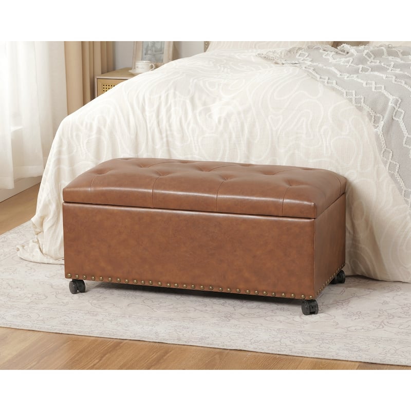 Adeco Rectangular Storage Ottoman Tufted Faux-Leather Bench Lifted Top - Chestnut