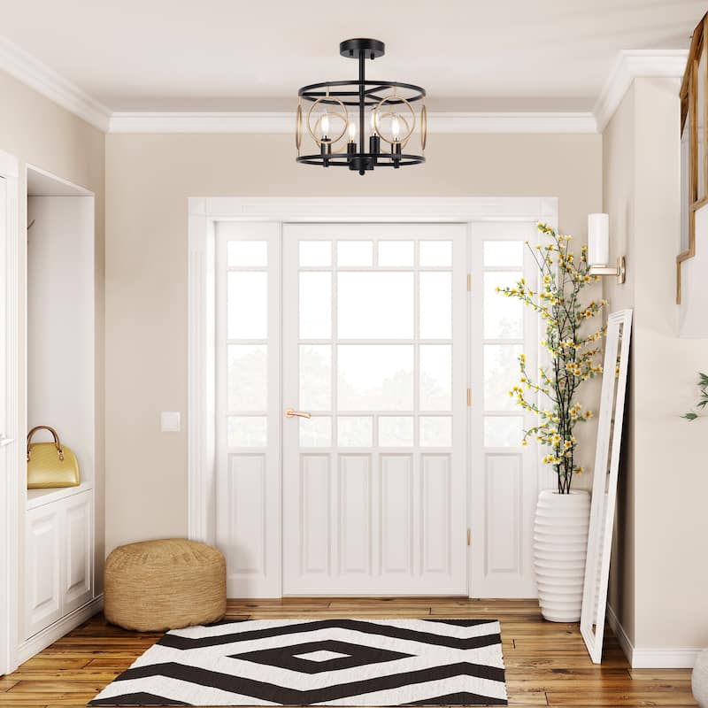 Zenith Modern Farmhouse 4-Light Drum Semi-flush Mount Black Gold Metal Lantern Foyer Kitchen Lights - D 13" x H 13.5"