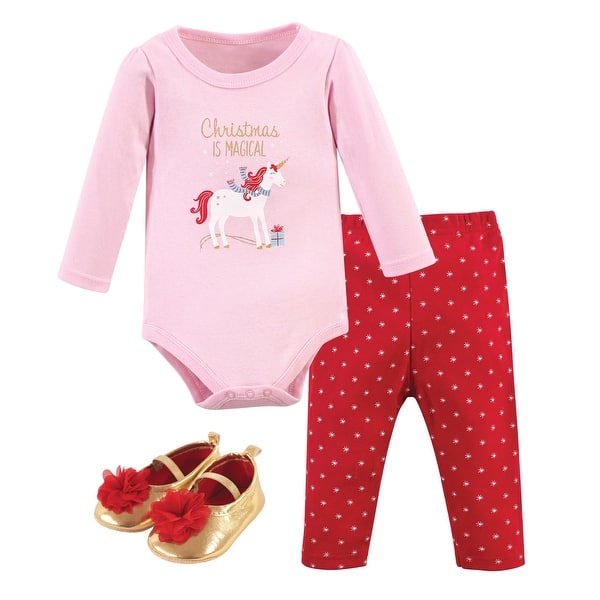 slide 1 of 1, Hudson Baby Infant Girl Cotton Bodysuit, Pant and Shoe 3pc Set, Magical Christmas 0-3 Months - Magical Christmas