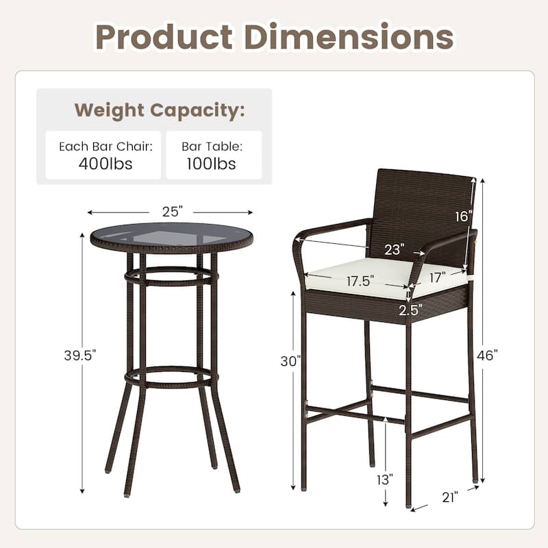 Outdoor Patio Bar Set 2 Barstools 1 Table PE Wicker Metal Frame Cushioned Backyard Furniture - 17.5" W x 21" D x 46" H