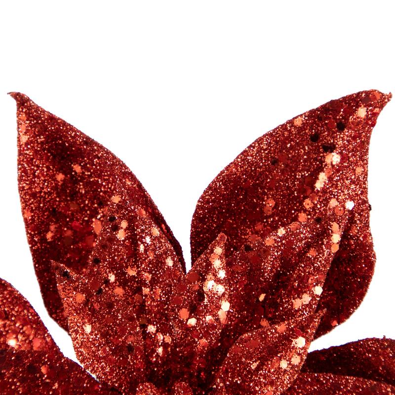 Artificial Glittered Poinsettia Christmas Floral Pick Clip-On Ornament - 9" - Red