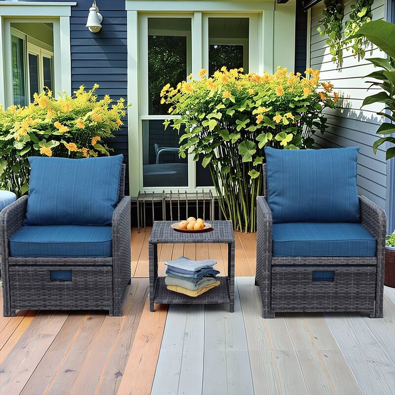 5-Piece Wicker Patio Chair Set with Ottomans and Coffe Table