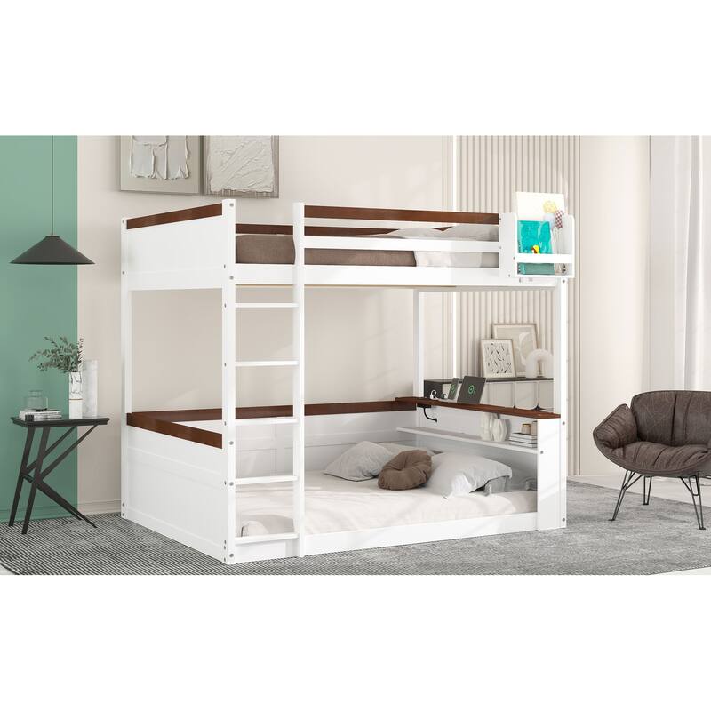 Queen Wooden Bunk Bed with Storage Shelves LED Light USB Charging Station