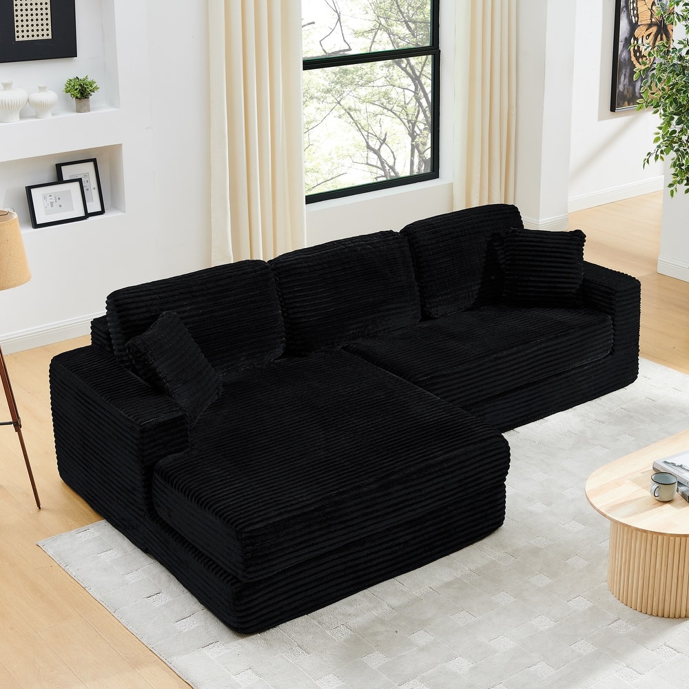 Modern Corduroy L-shaped Sectional Sofa with Chaise Expanded into Queen Size Floor Bed Comfy Compressed Sofa Couch