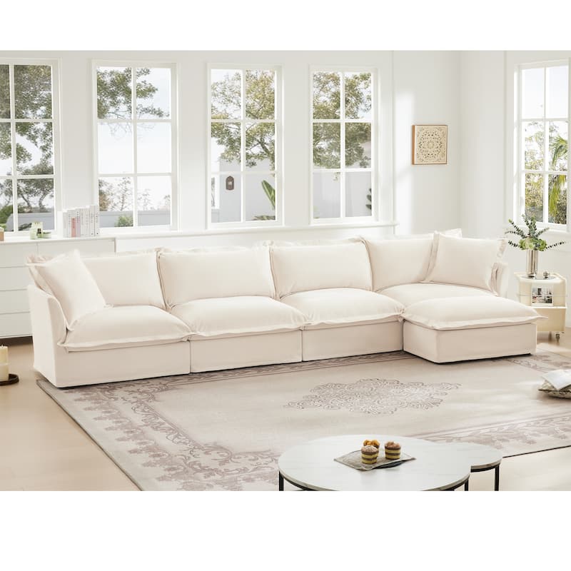 4 Deep Seat Slipcovered L-Shape Chenille Sectional Long Sofa Couch