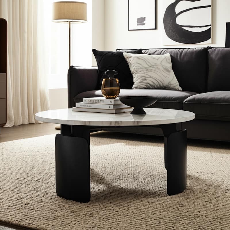 Marble and Cast Aluminum Coffee Table Modern Metal Base - 13" Black - 30" x 30" x 13"