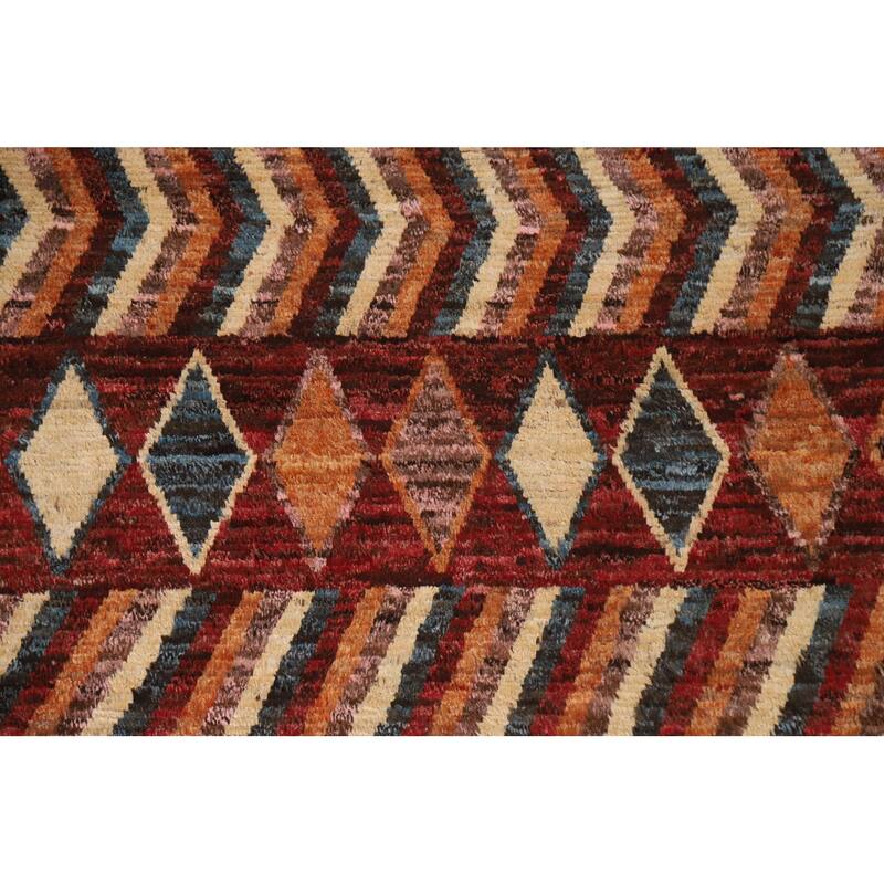 Hand Knotted Oriental 100% Wool Carpet Modern Tribal Red Moroccan Area Rug - 9' 11'' X 6' 4''