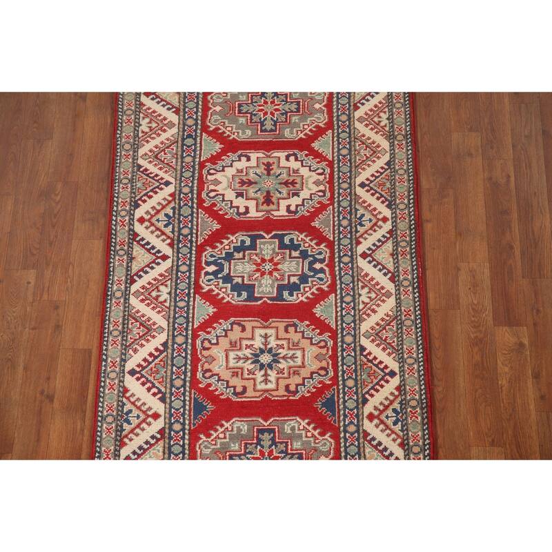 Geometric Red Kazak Runner Rug Handmade Oriental Wool Carpet - 2'9" x 10'8"