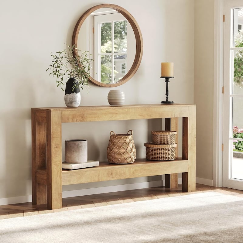 63-Inch Long Console Table for Living Room, Farmhouse Wood Entryway Table for Sofa, Entry, Hallway - 13.8" W x 63" L x 33.5" H - Light Brown