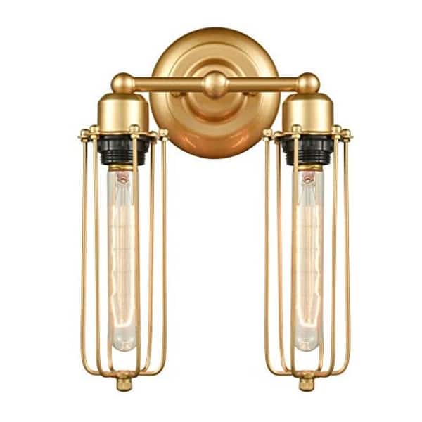 2 Light Industrial Brass Wire Cage Wall Light Fixture