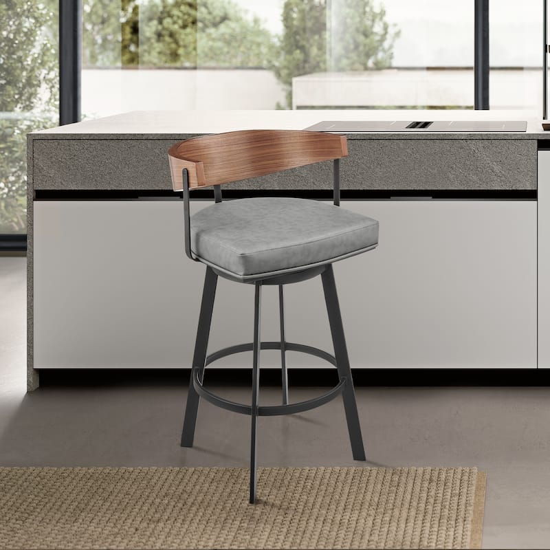 Lacey Mid-Century Swivel Bar Stool, Upholstered Counter Height Chair with Iron Frame - Walnut/Gray - Counter Height