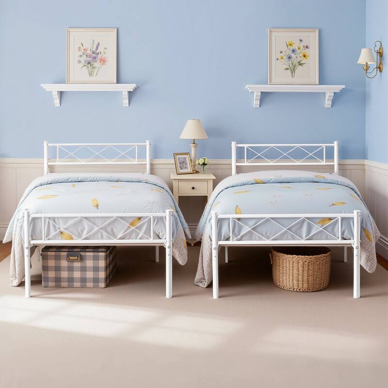 Javlergo 2-Pack White Twin Size Kids Bed Frame Set with Headboard Footboard Underbed Storage Noise-Free for Children's Room