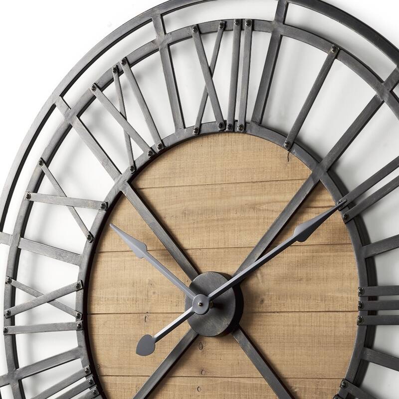 HomeRoots 42" Black And Natural Iron And Wood Analog Round Wall Clock - 42.13 in. x 42.13 in. x 2.56 in.