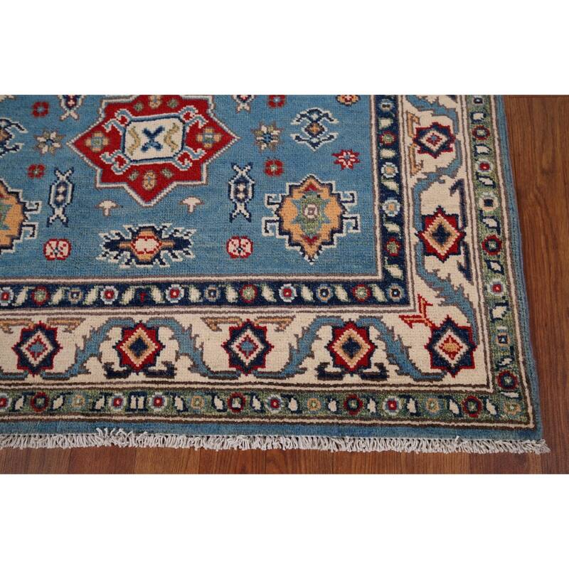 Blue Geometric Kazak Accent Rug Hand-Knotted Wool Carpet - 3'4" x 5'0"