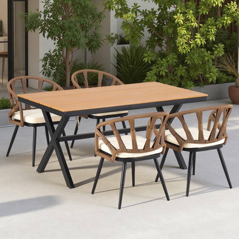 5-Piece Outdoor Patio Iron Dining Set with Rectangular Table and 4 Rope Art Cushioned Chairs - Brown