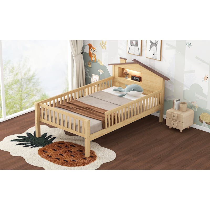 Twin Size Wood Platform Bed with House Headboard, LED & Storage - Natural