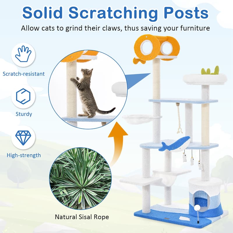 Petsite Ocean-themed Cat Tree Tower with Sisal Covered Scratching - See Details