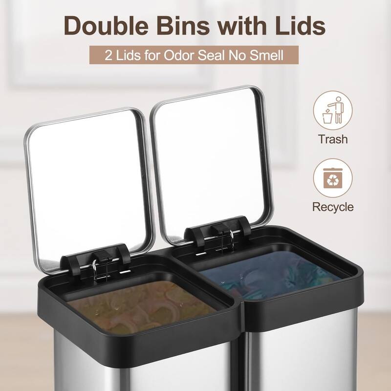 Large Capcity Dual Trash and Recycling Bin, Fingerprint Proof Stainless Steel Kitchen Garbage Can