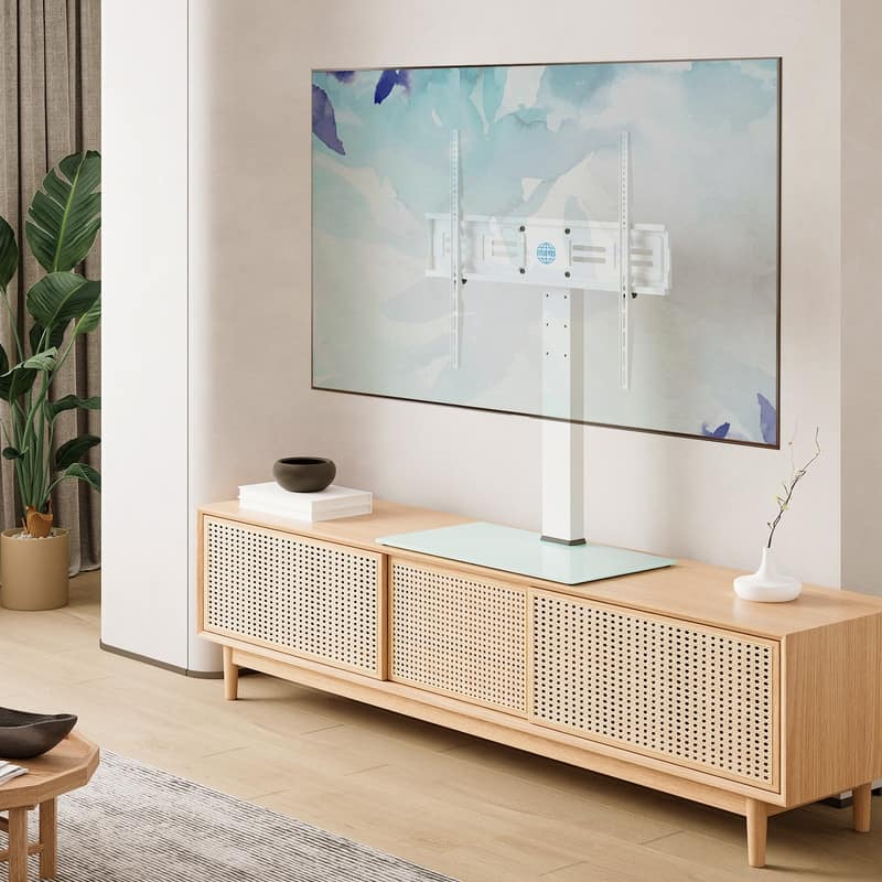 FITUEYES Table Top TV Stand for 50-85 Inch TVs Tempered Glass Base Hold up to 110 lbs, White