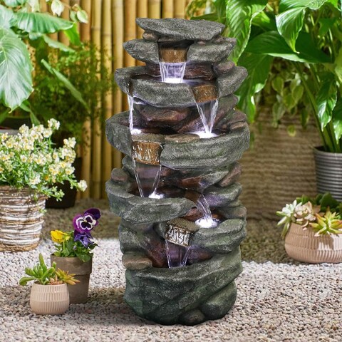 Outdoor 40.5" High Rocks Water Fountain with LED Lights