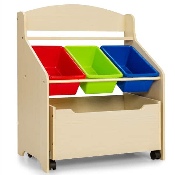 slide 2 of 16, Kids Wooden Toy Storage Unit Organizer with Rolling Toy Box and Plastic Bins - 25" x 15" x 30" (L x W x H) Natural
