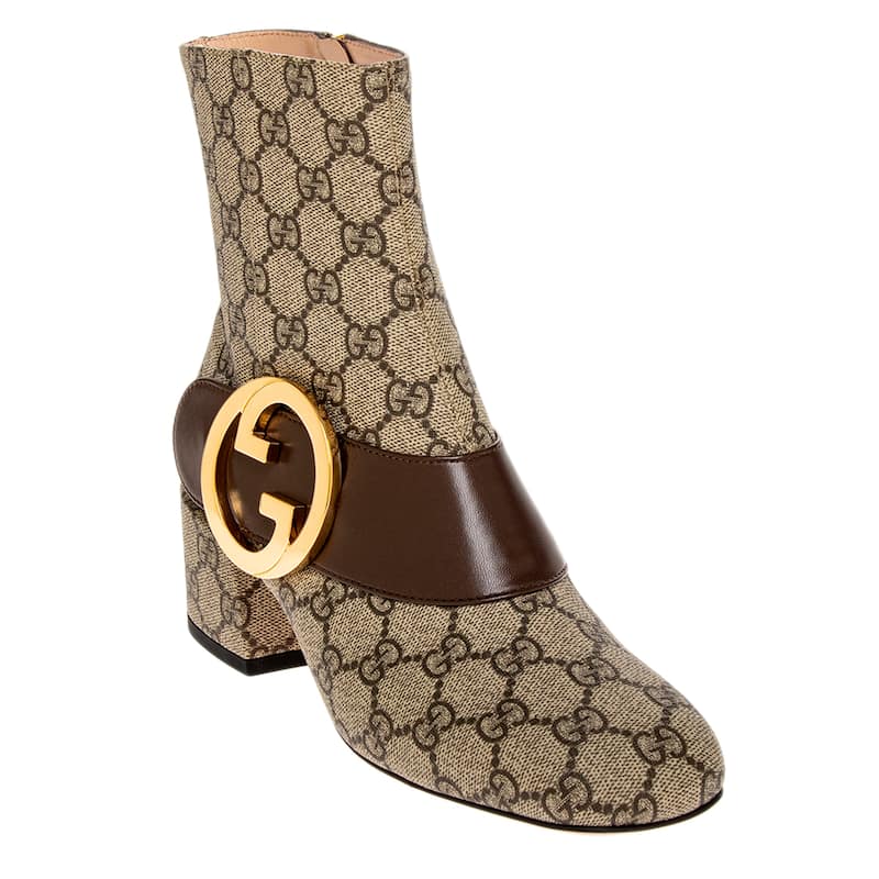 Gucci Blondie GG Supreme Ankle Boot - Brown Leather and Beige Canvas - 37.5