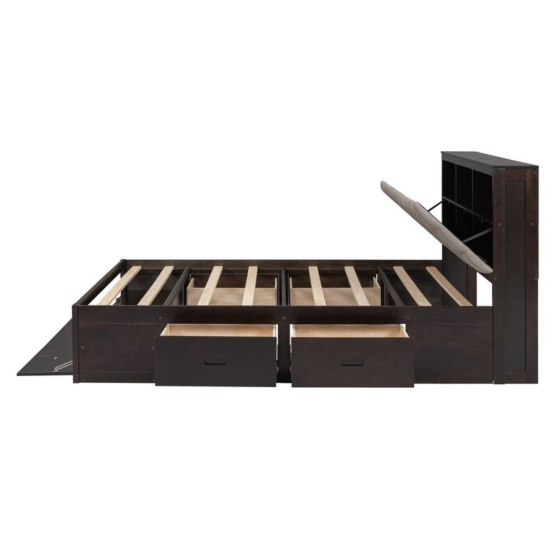 Espresso Queen Size Wood Platform Bed with Storage Headboard, Shoe Rack and 4 Drawers