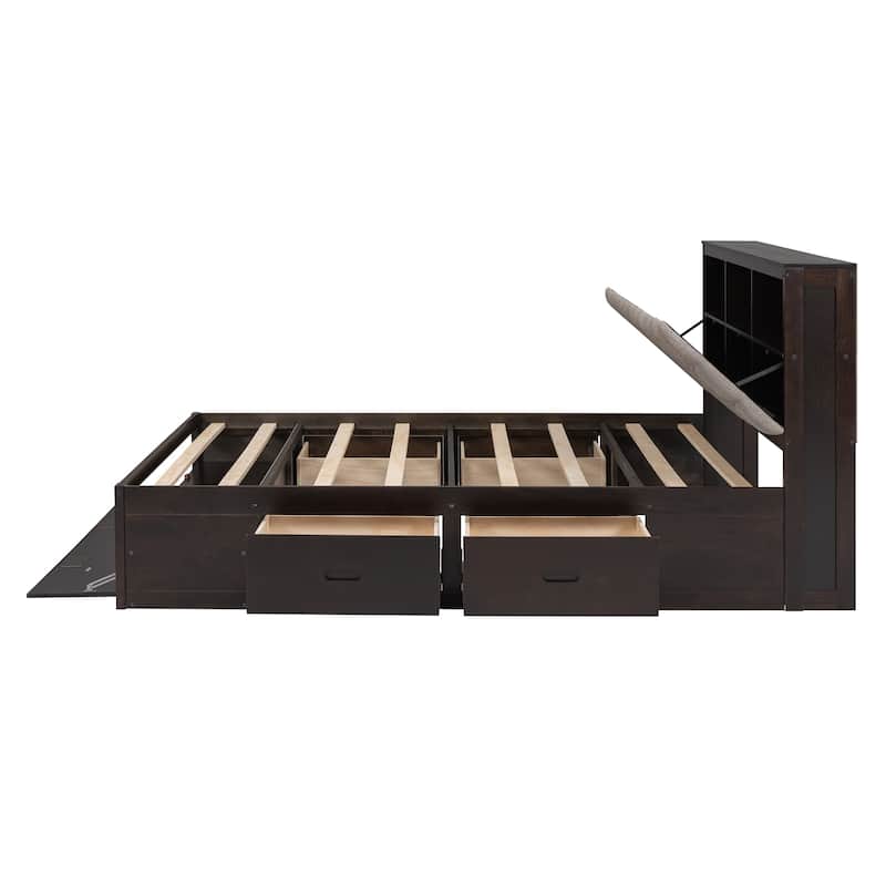 Queen Size Wood Bed with Storage Headboard, Shoe Rack, 4 Drawers