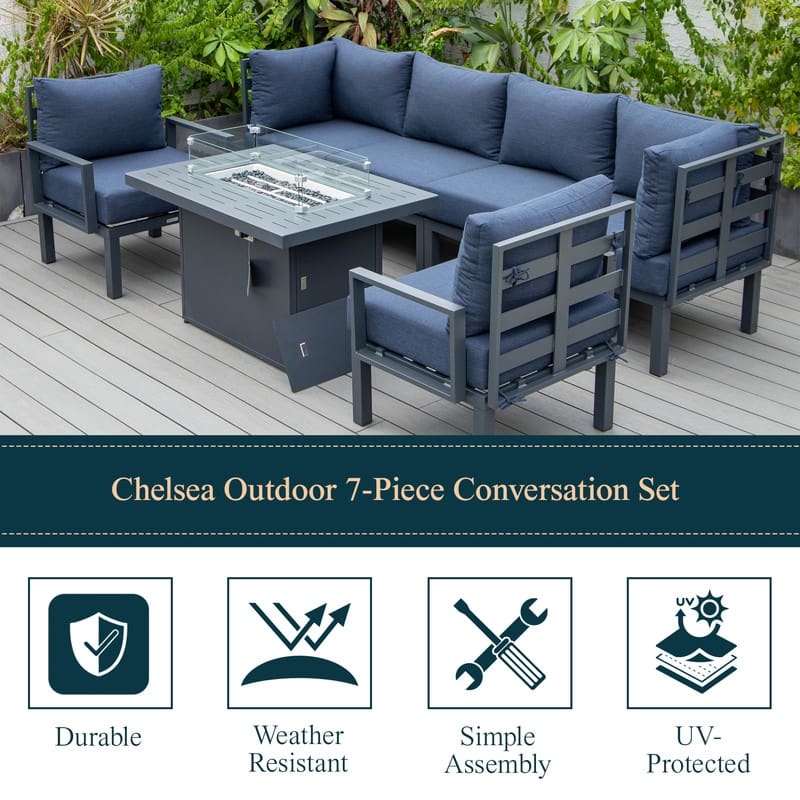 Chelsea 7-Piece Outdoor Patio Sectional Sofa Set with Fire Pit Table, Black Aluminum Frame for Backyard, Garden, and Deck