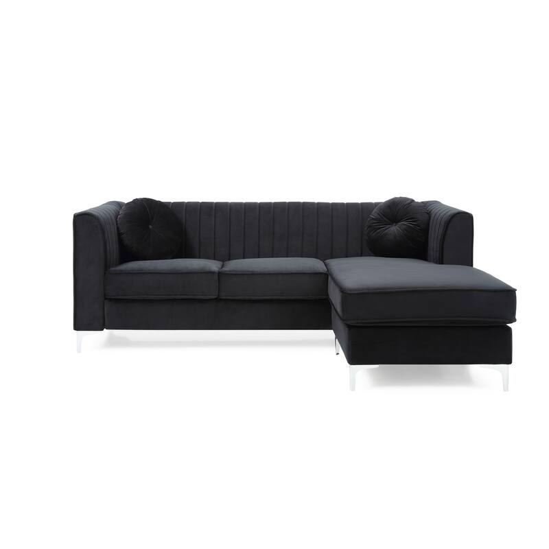 Black Velvet Sofa Chaise - 75"L x 63"W x 32"H, 146 lbs, Glam Style