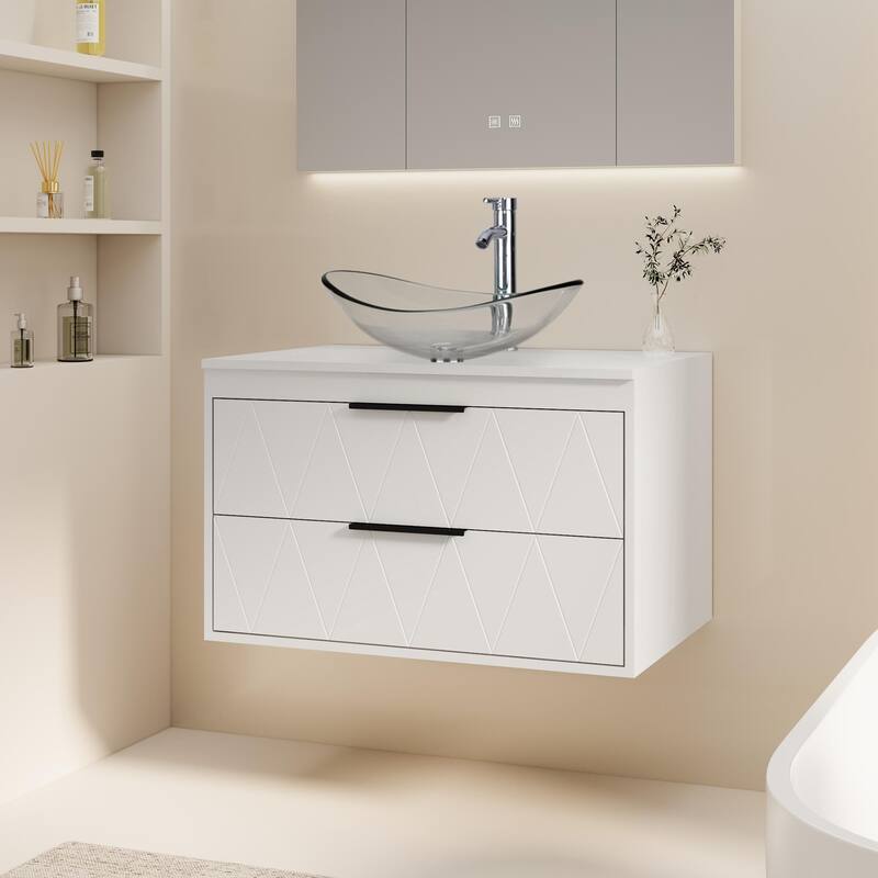 Modern Wall Mounted Bathroom Vanity Set with Vessel Sink & Faucet - white-30 in - 30-1 Glass clear boat sink