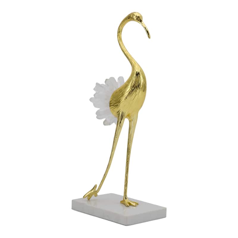 Metal Modern Crane Sculpture with Crystal Accents and Marble Base