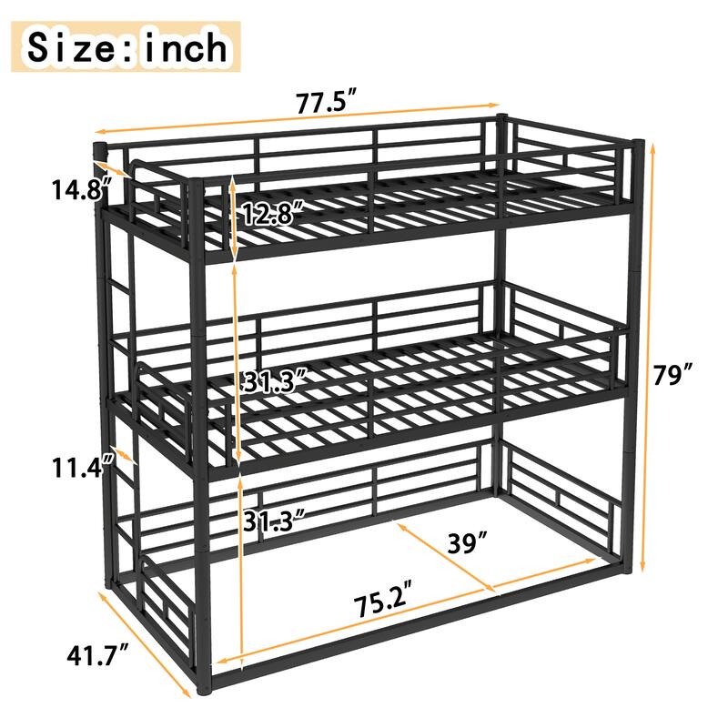 Twin over Twin over Twin Bunk Bed, Metal Triple Bunk Bed with Safety Guardrails, Heavy-duty Bunk Bed with Noise-reduced Design