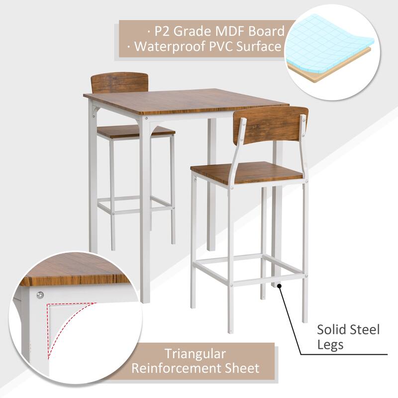 HOMCOM 3 PCs Modern Counter Height Dining Table Set with 2 Matching Stools Foorest Steel Legs