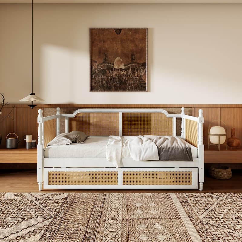Vintage Rattan Wooden Daybed with 2 Drawers